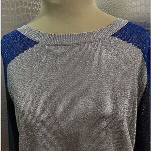 AIKO Top Shirt Blouse Size Small Womens Long Sleeve, Metallic Shiny Silver Blue